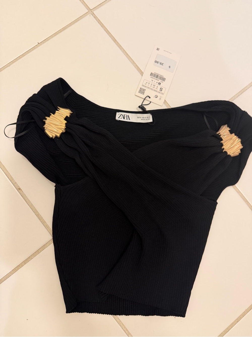 Zara Black Ribbed Crop Top with Twist Detail and Gold Accent